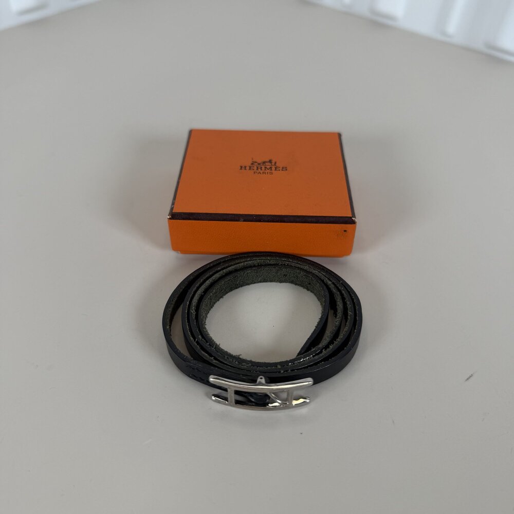 Hermès Behapi Black Leather H Buckle Triple Wrap Bracelet